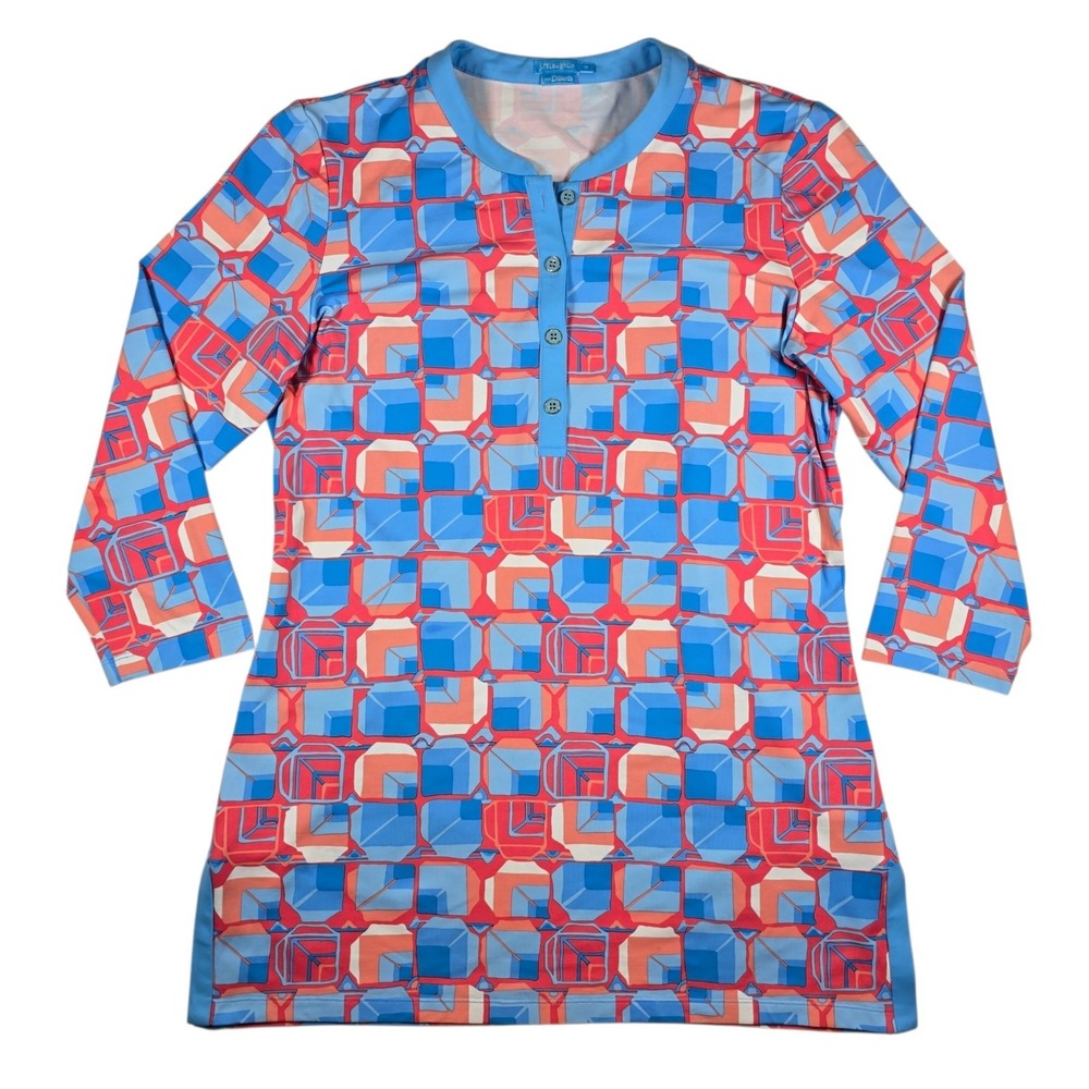 J.McLaughlin Red Blue Geometric Print Nylon Blend Quarter Button Top Women's Med